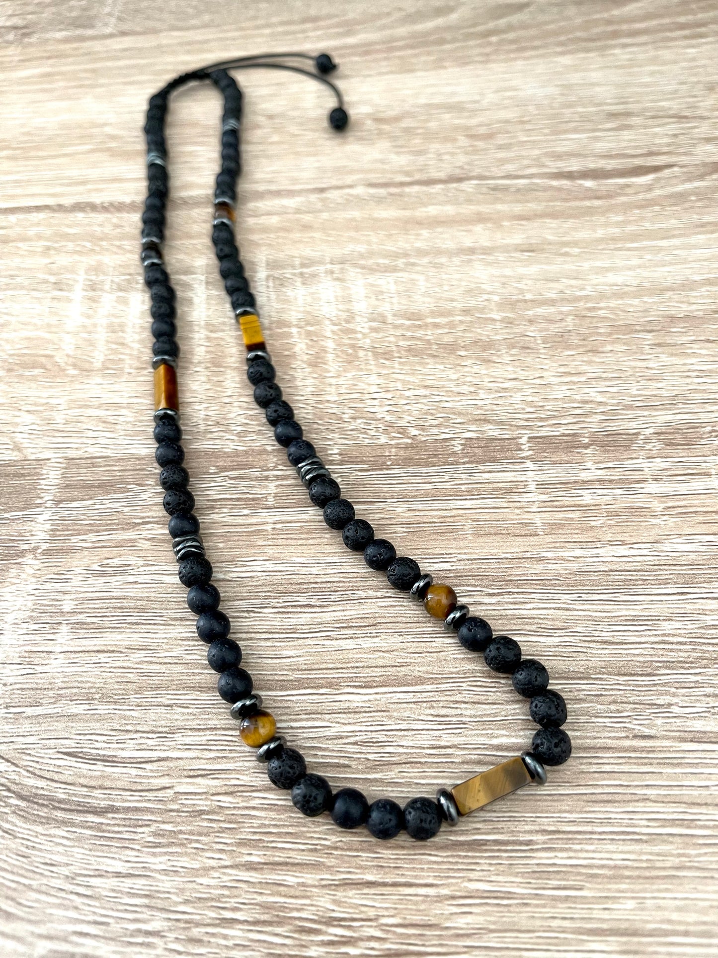 Tiger’s Eye, Lava Rock and Hematite Necklace