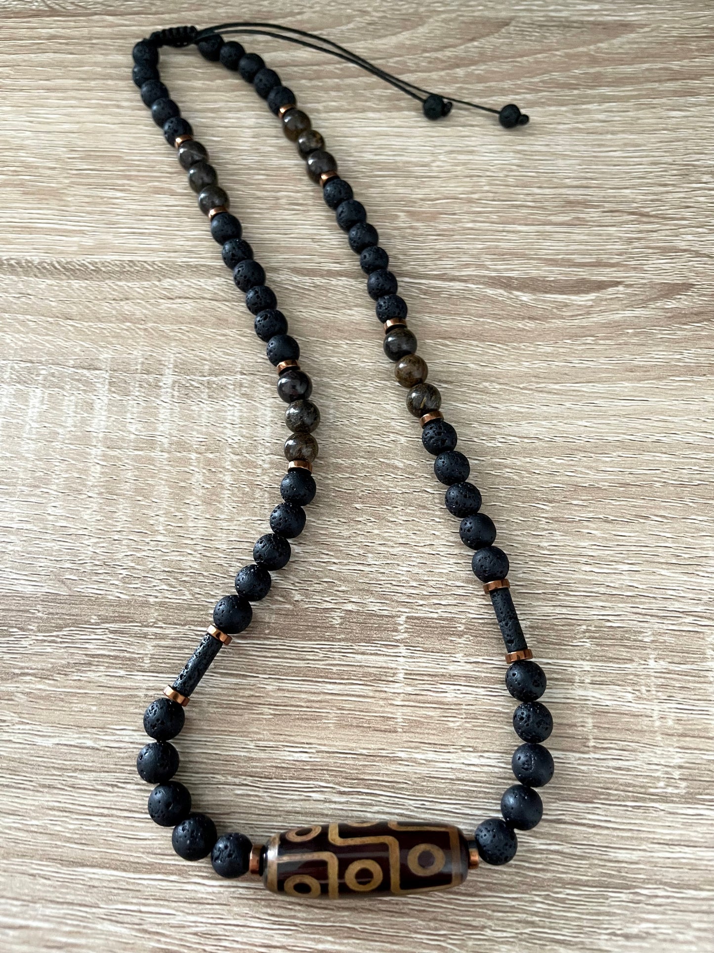 Bronzite & Lava Rock Beaded Necklace with Tibetan Dzi Bead – Metal-Free & Adjustable