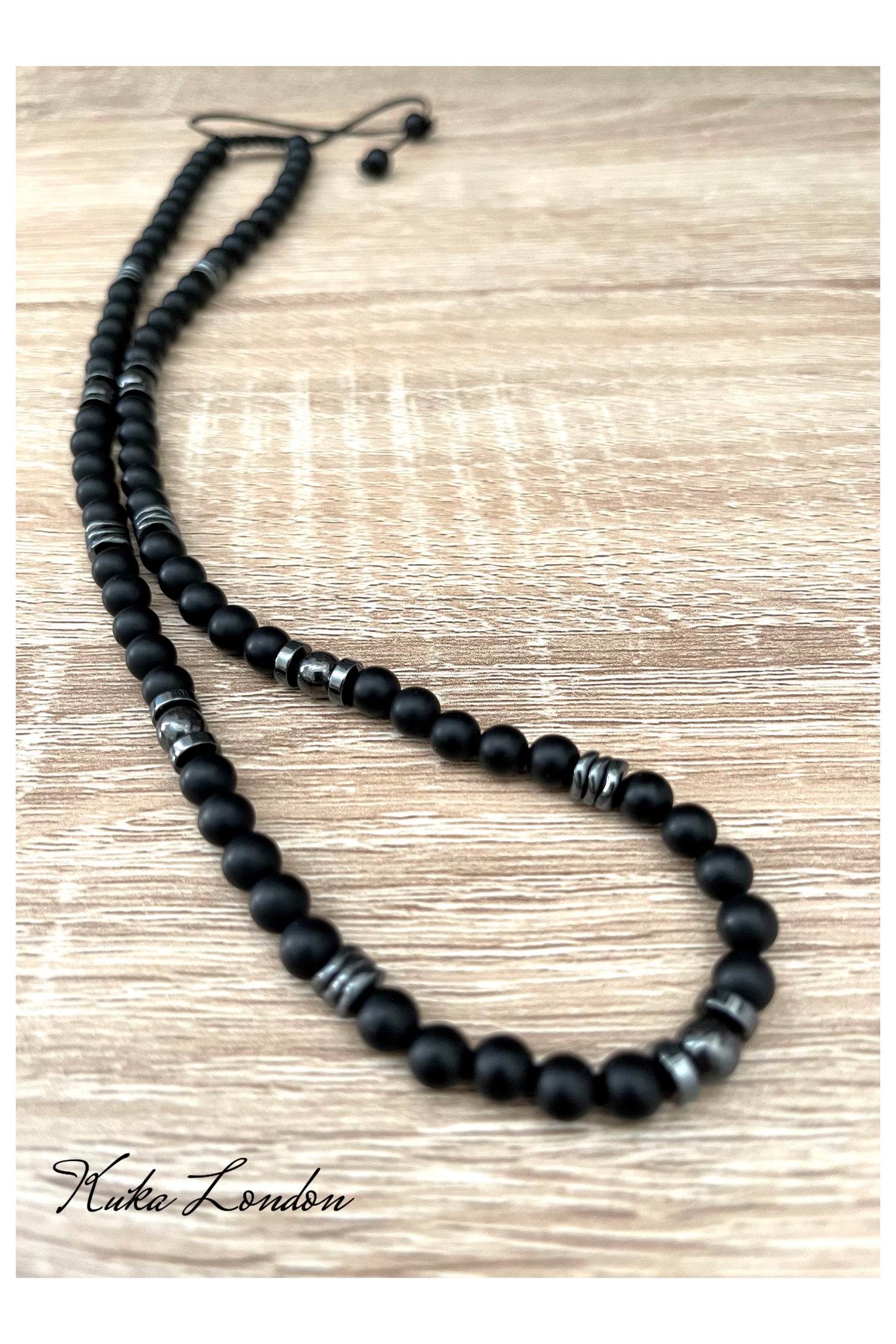 Black Onyx and Hematite Beaded Necklace – Metal-Free & Clasp-Free