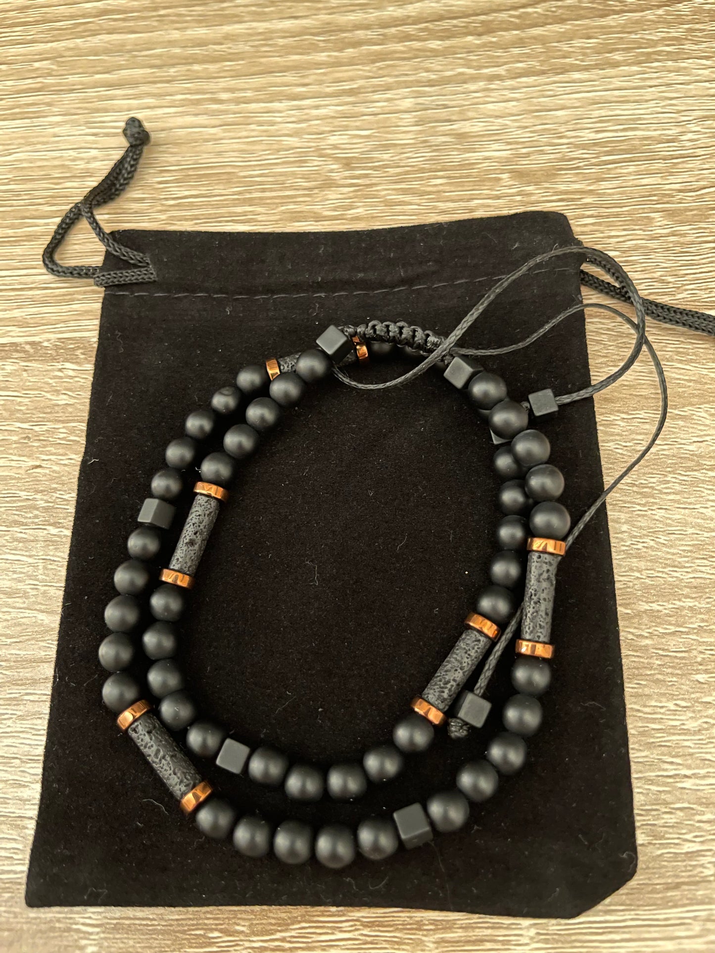 Matte Black Onyx, Lava Rock, and Copper Hematite Necklace