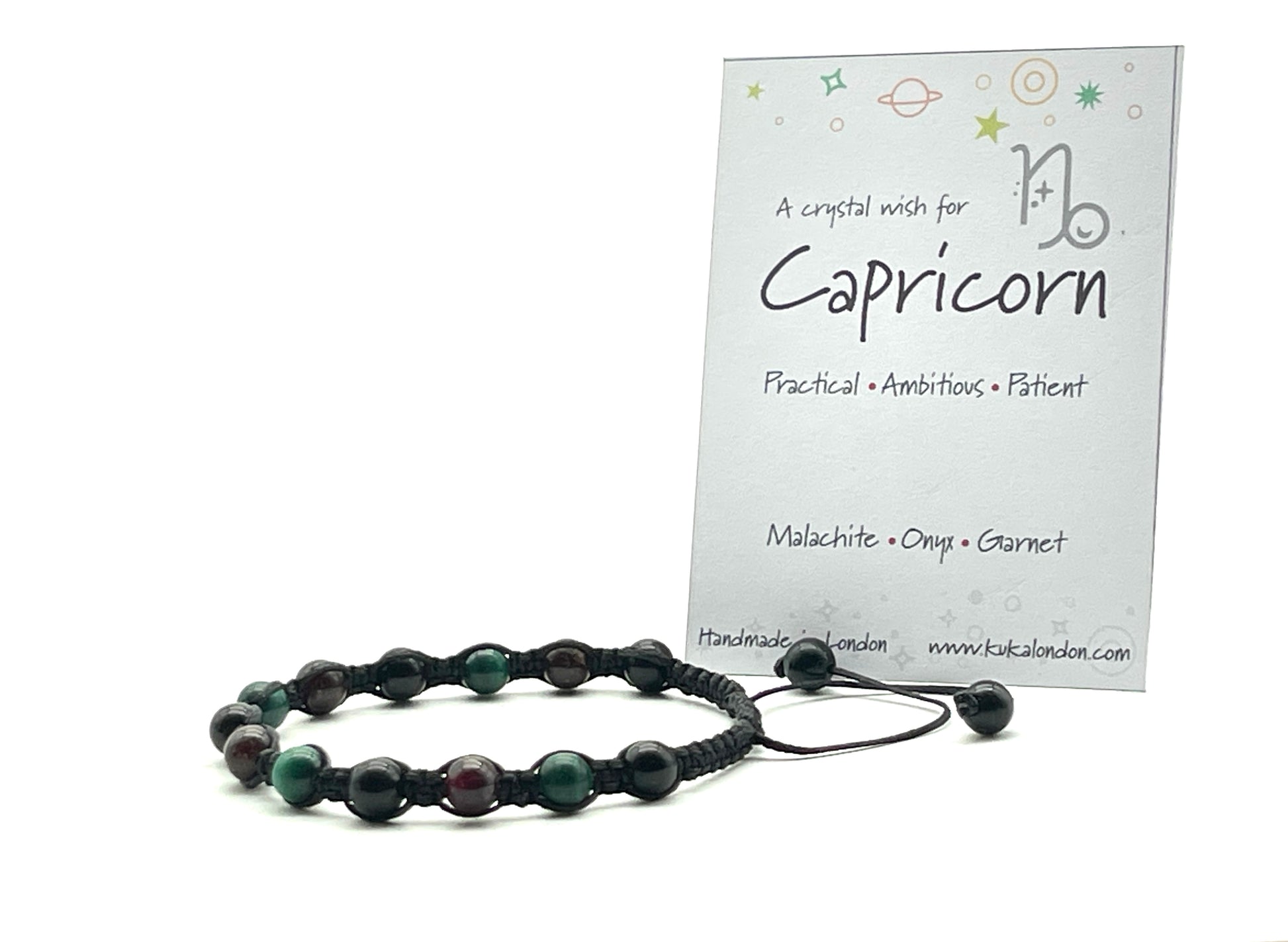 capricorn zodiac bracelet made from malachite,onyx and garnet beads