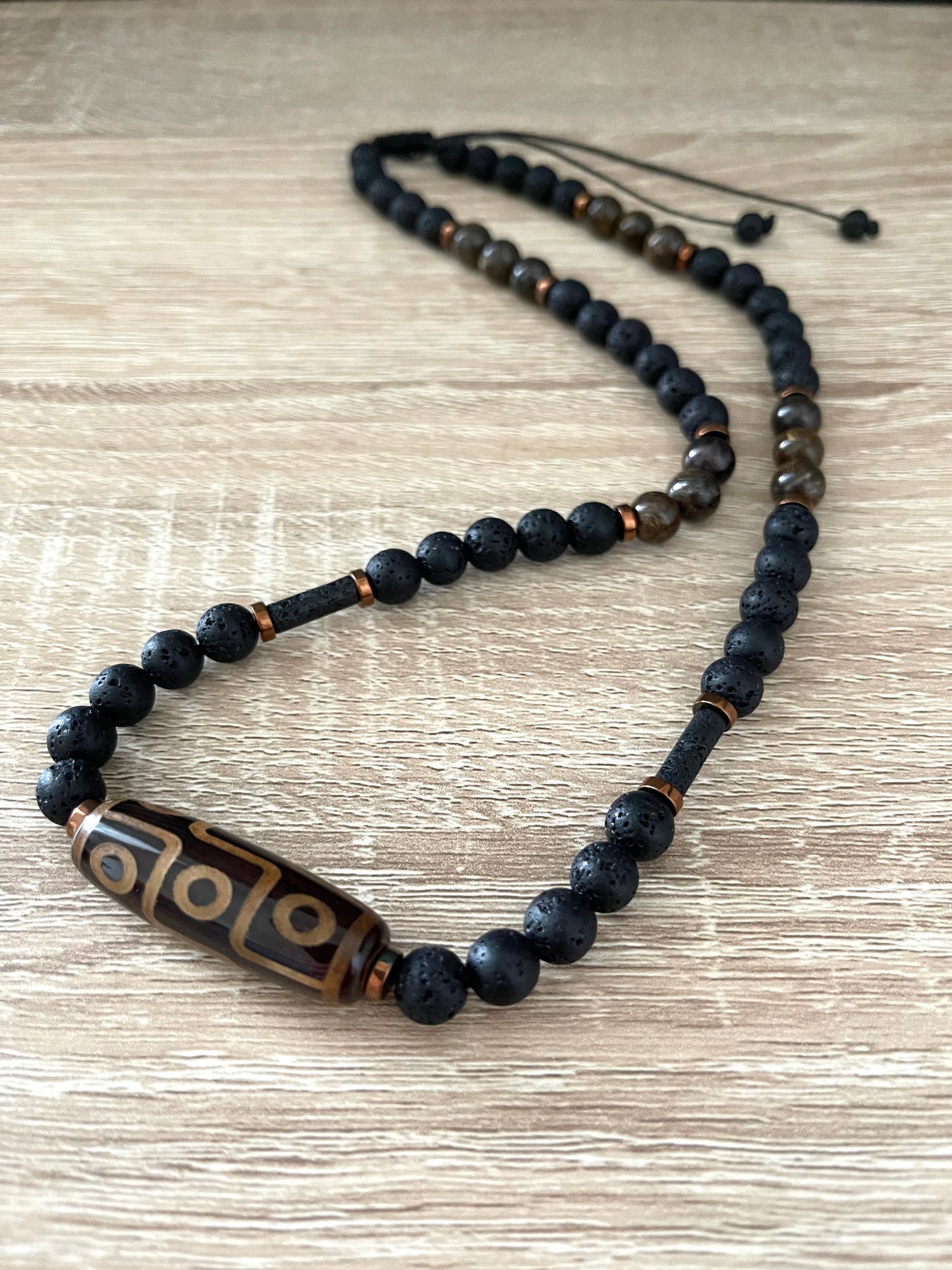 8mm lava rock,bronzite and hematite beaded metal free adjustable cord mens necklace