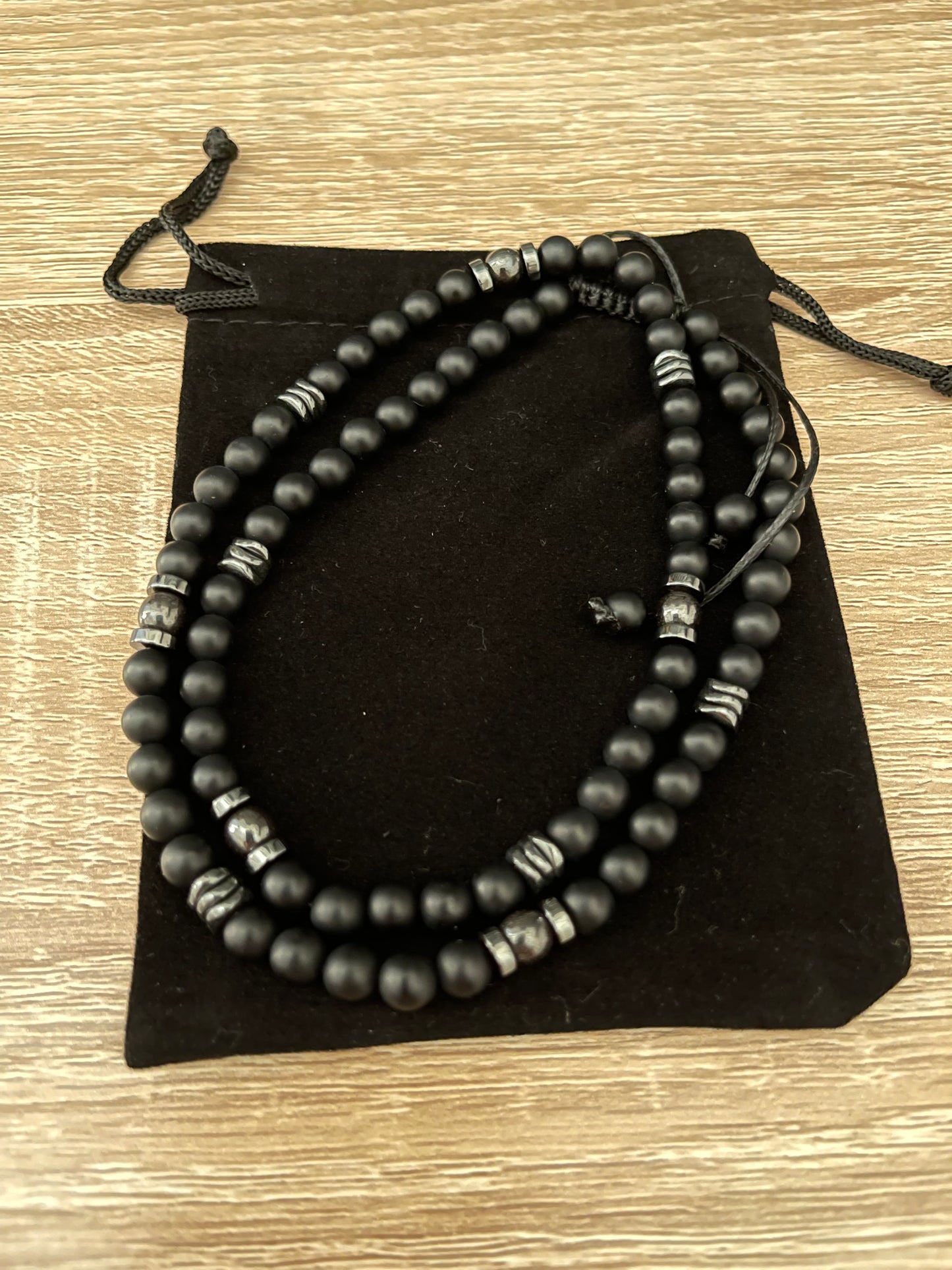 Black Onyx and Hematite Beaded Necklace – Metal-Free & Clasp-Free