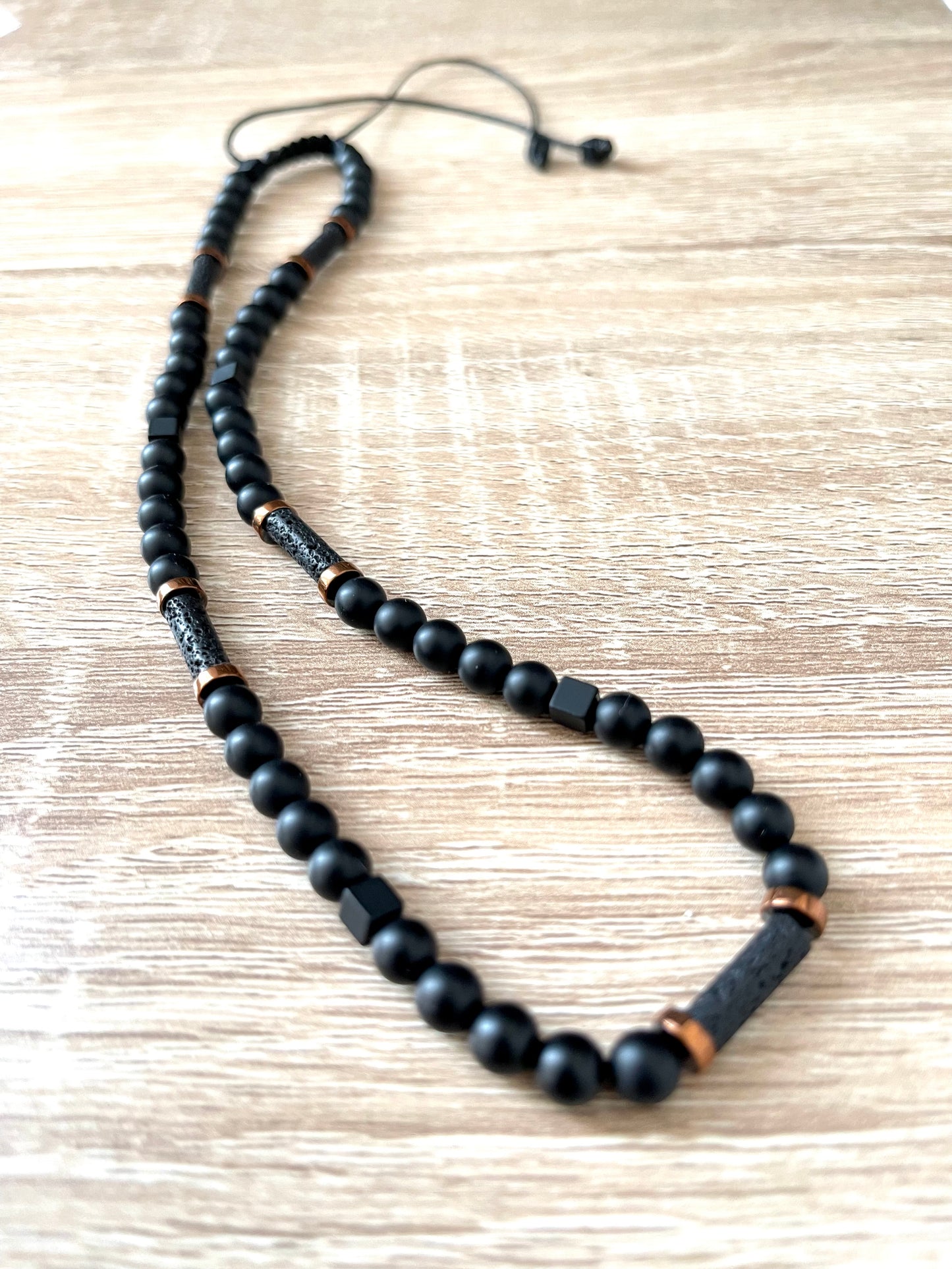 Matte Black Onyx, Lava Rock, and Copper Hematite Necklace