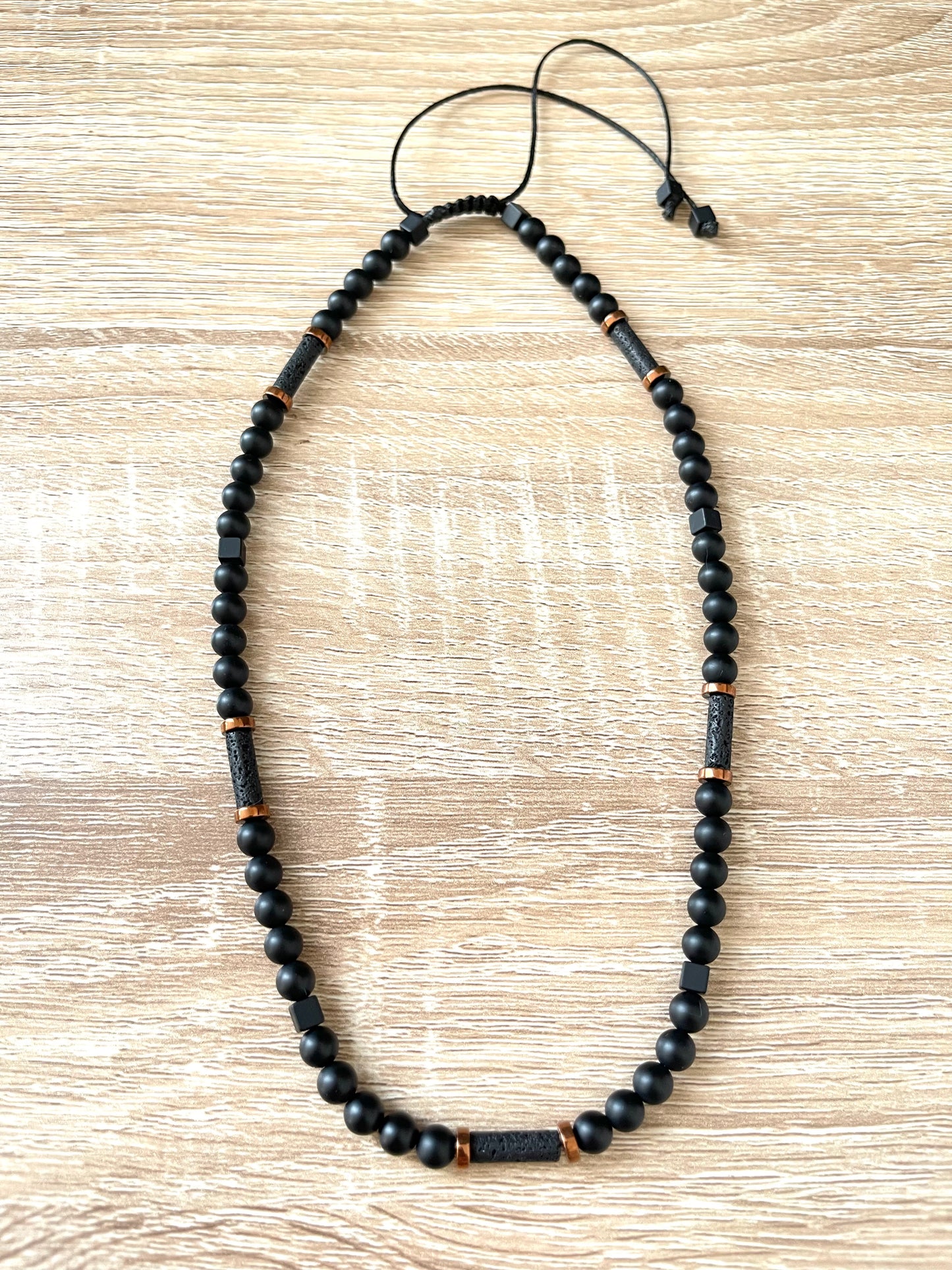 Matte Black Onyx, Lava Rock, and Copper Hematite Necklace