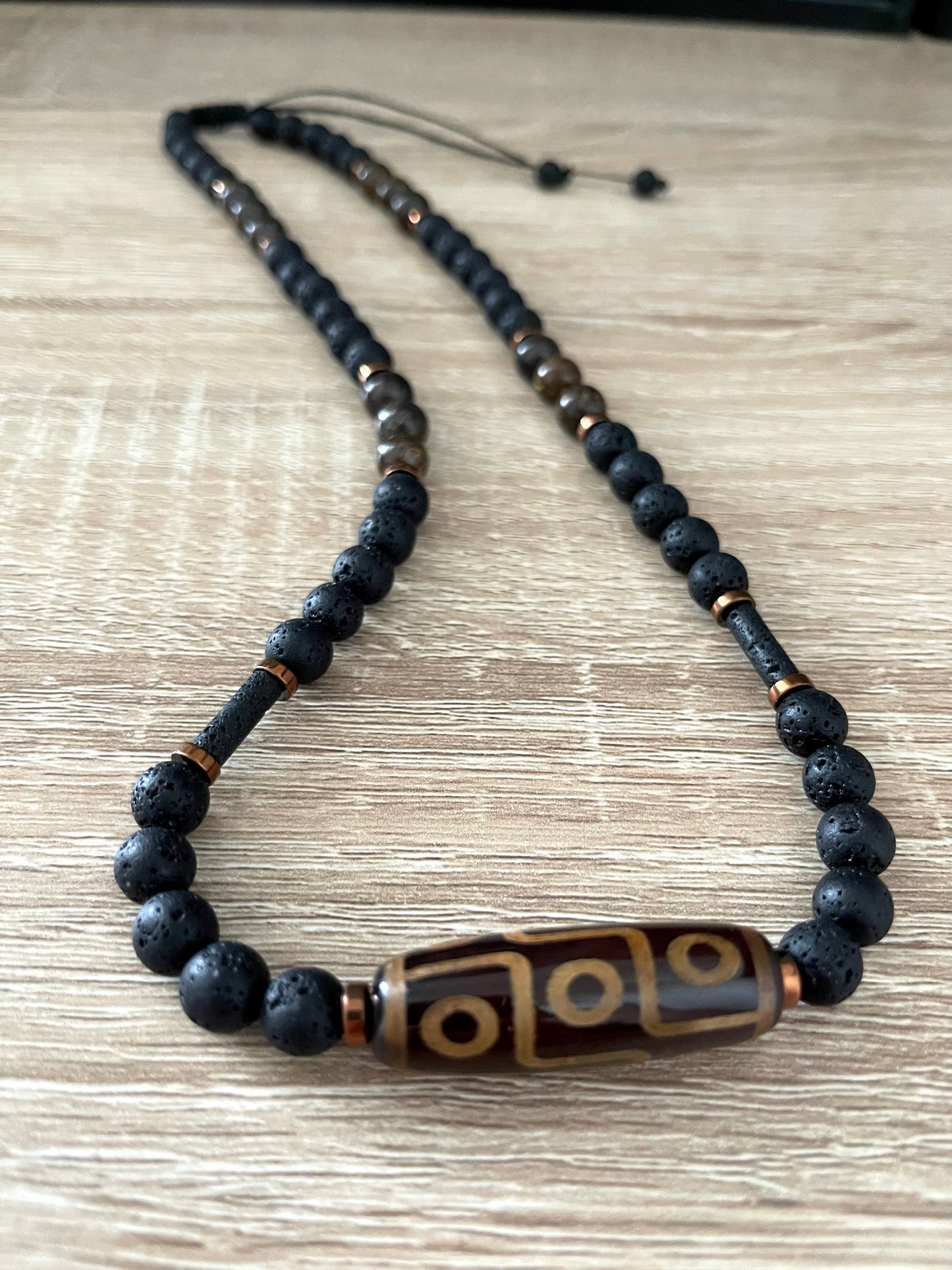 Bronzite & Lava Rock Beaded Necklace with Tibetan Dzi Bead – Metal-Free & Adjustable