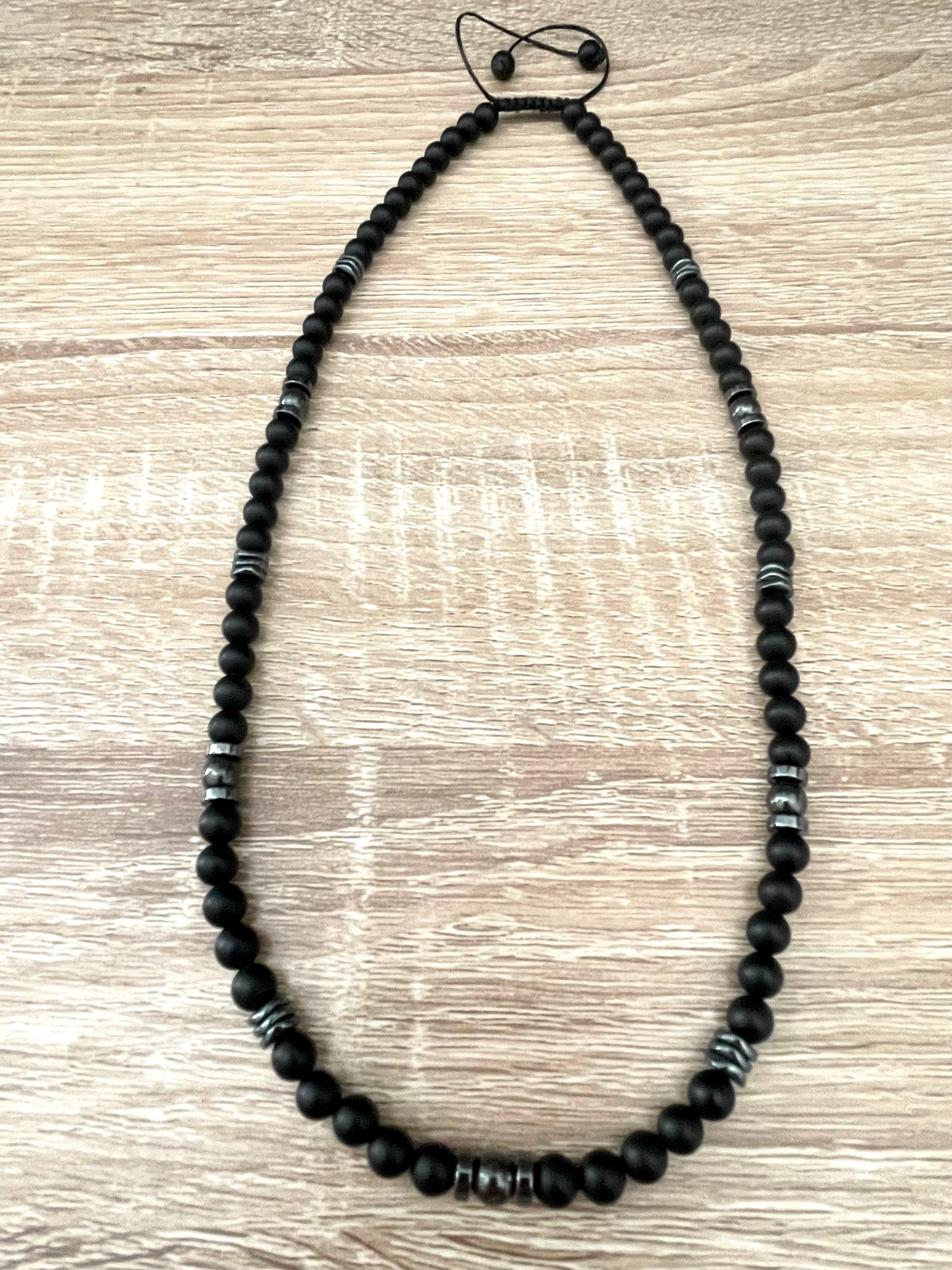 Black Onyx and Hematite Beaded Necklace – Metal-Free & Clasp-Free