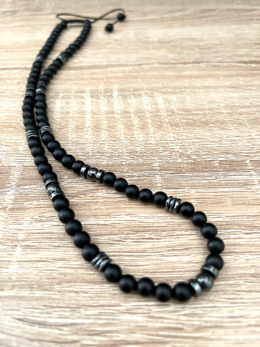 6mm onyx and hematite beaded mens necklace, adjustable cord and metal free ,clasp free necklace for men