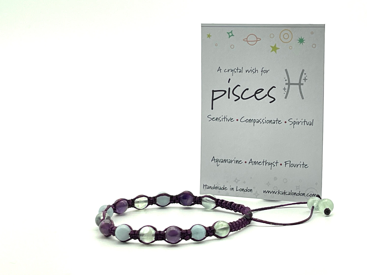 pisces zodiac bracelet made from aquamarine,amethyst and flourite beads