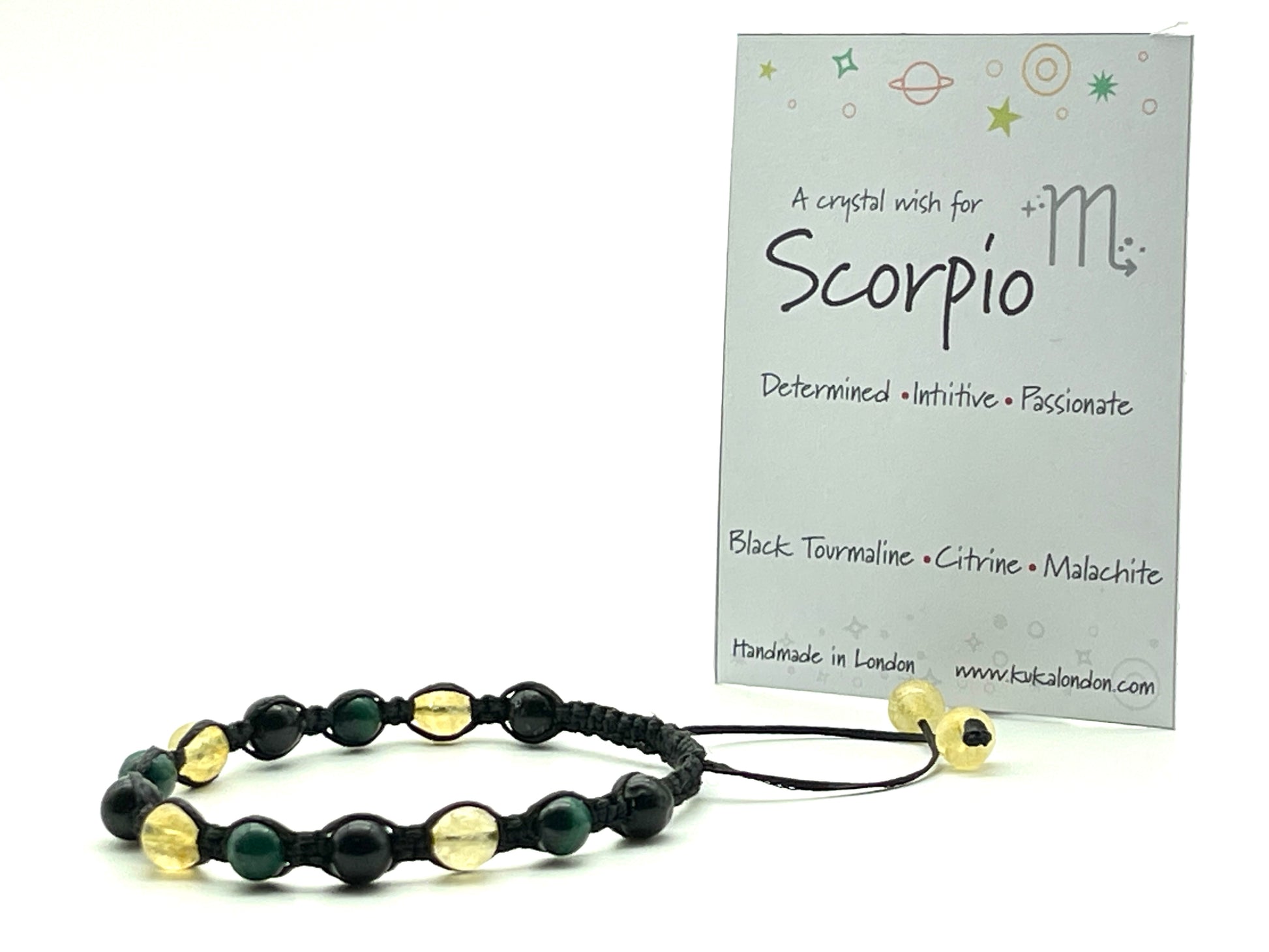 scorpio zodiac bracelet made from citrine,malachite and black tourmaline beads
