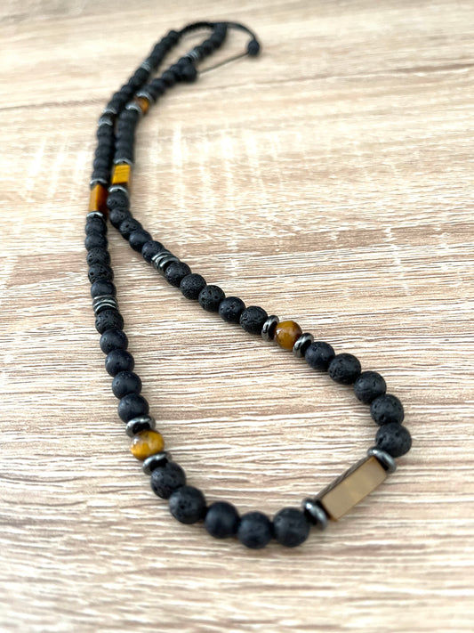 Tiger’s Eye, Lava Rock and Hematite Necklace