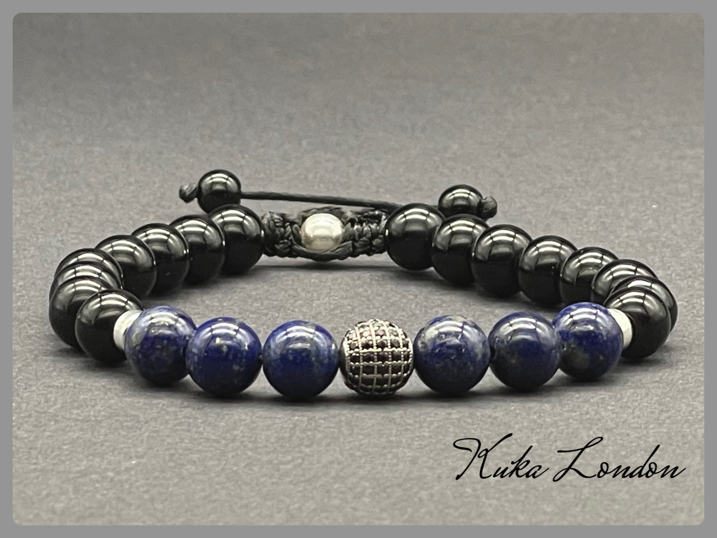 Lapis Lazuli, Black Onyx & 925 Sterling Silver Zircon Gemstone Bracelet 8mm