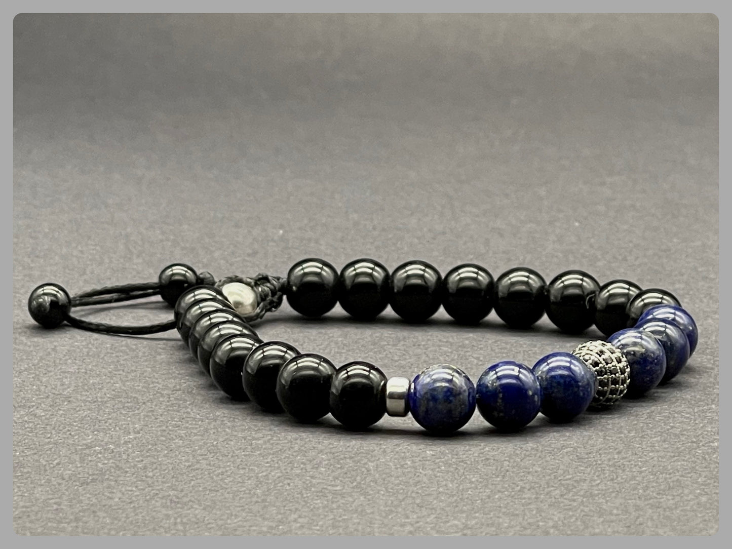 Lapis Lazuli, Black Onyx & 925 Sterling Silver Zircon Gemstone Bracelet 8mm