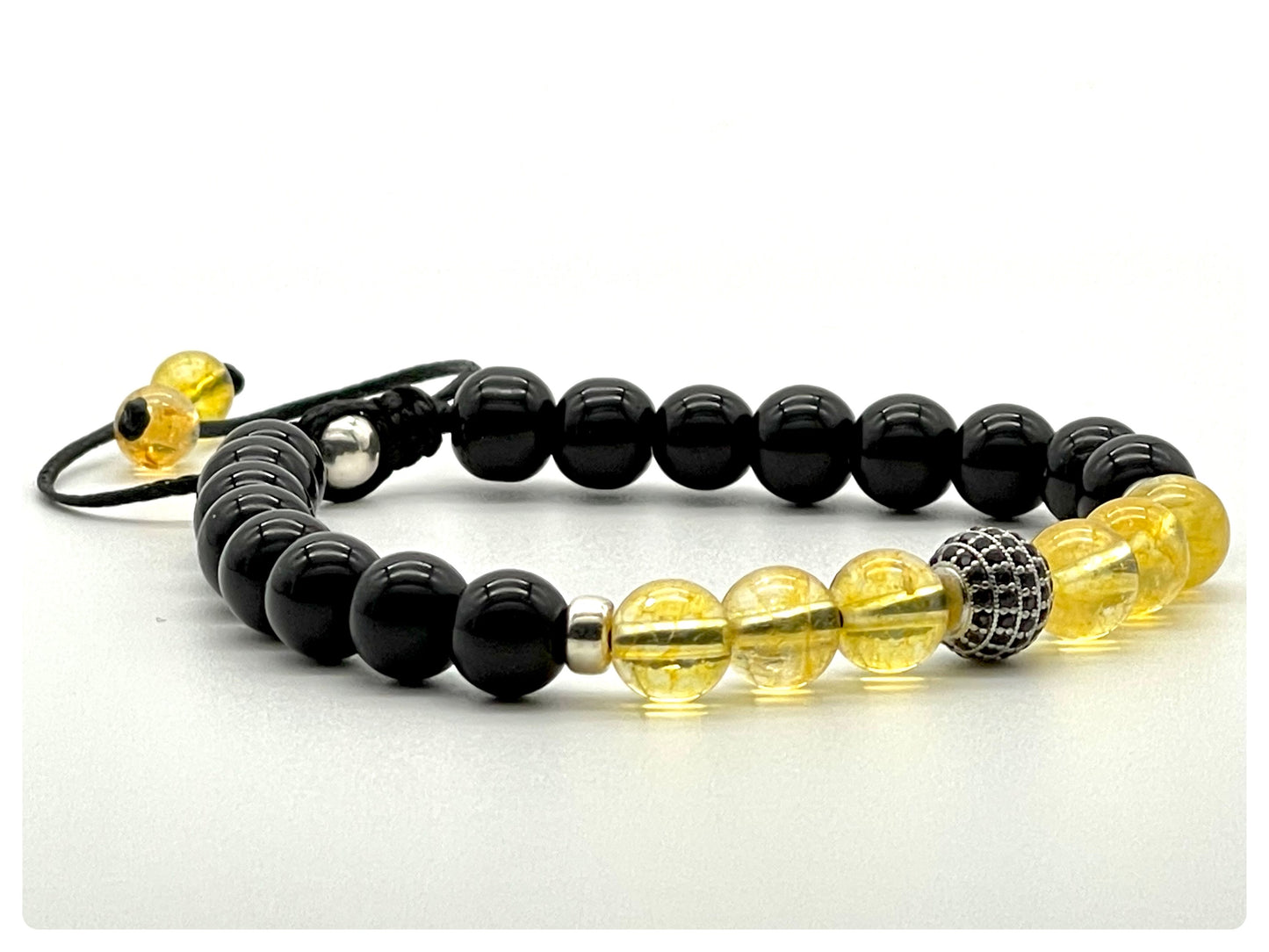 Citrine, Black Onyx & 925 Sterling Silver Zircon Gemstone Bracelet 8mm