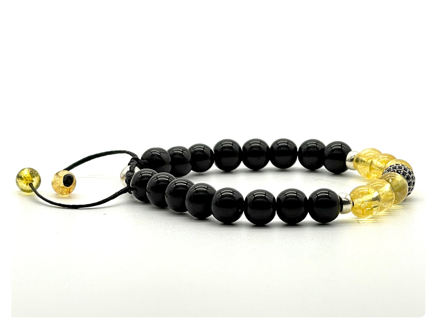 Citrine, Black Onyx & 925 Sterling Silver Zircon Gemstone Bracelet 8mm