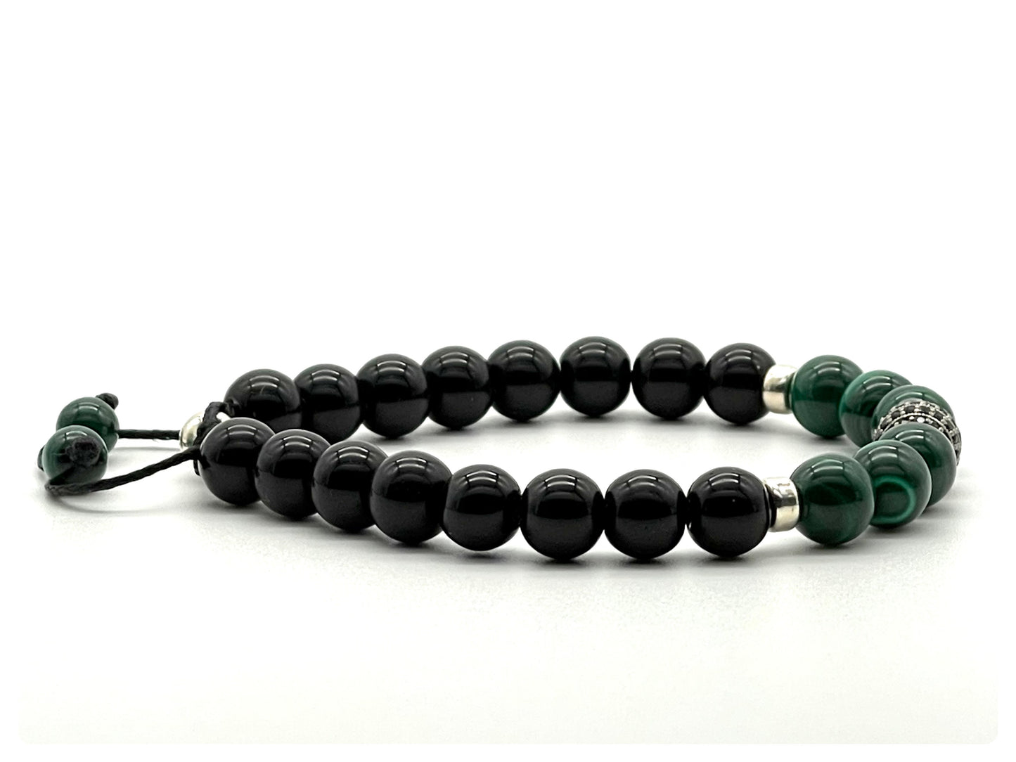 Malachite, Black Onyx & 925 Sterling Silver Zircon Gemstone Bracelet 8mm