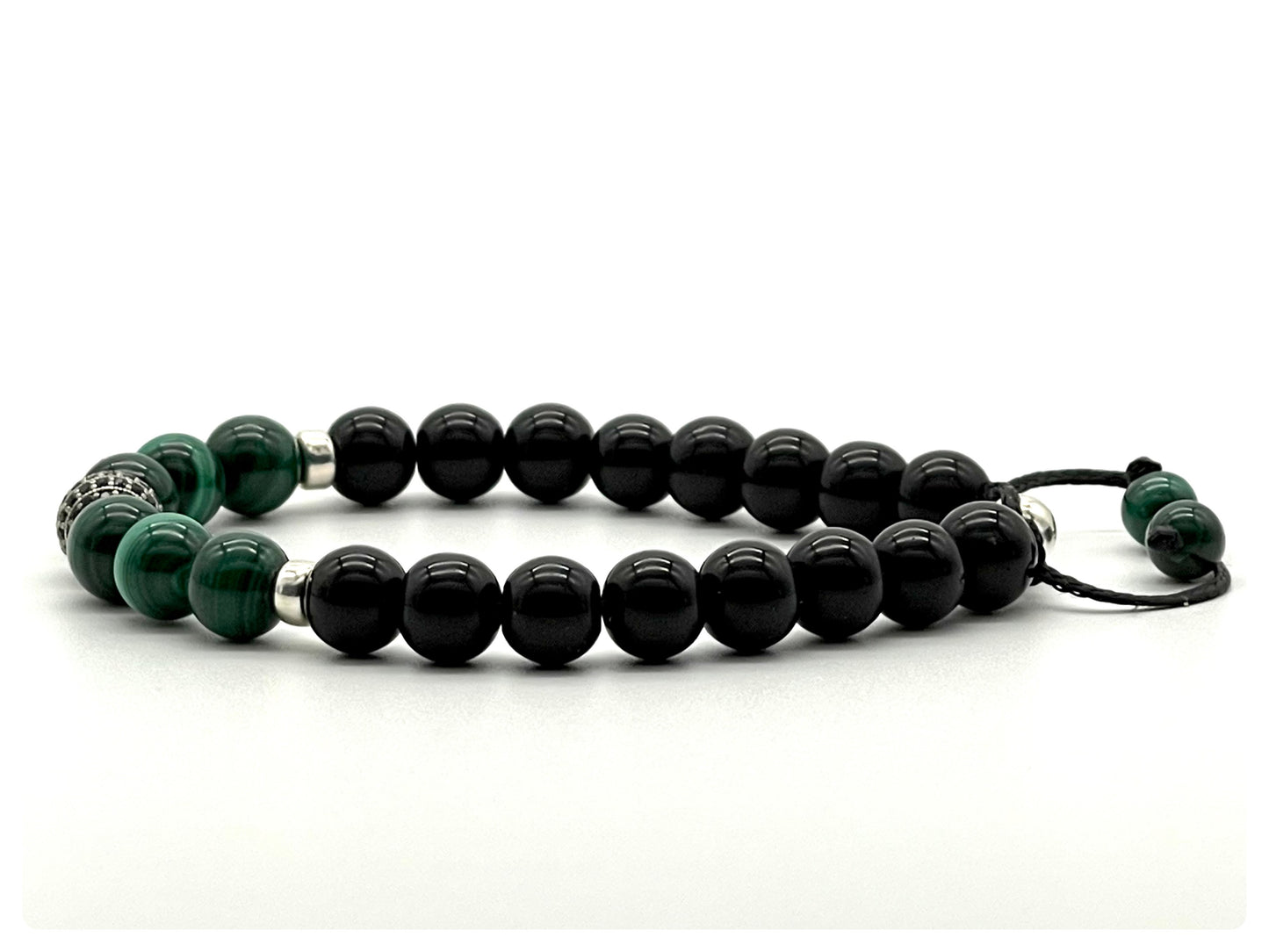 Malachite, Black Onyx & 925 Sterling Silver Zircon Gemstone Bracelet 8mm