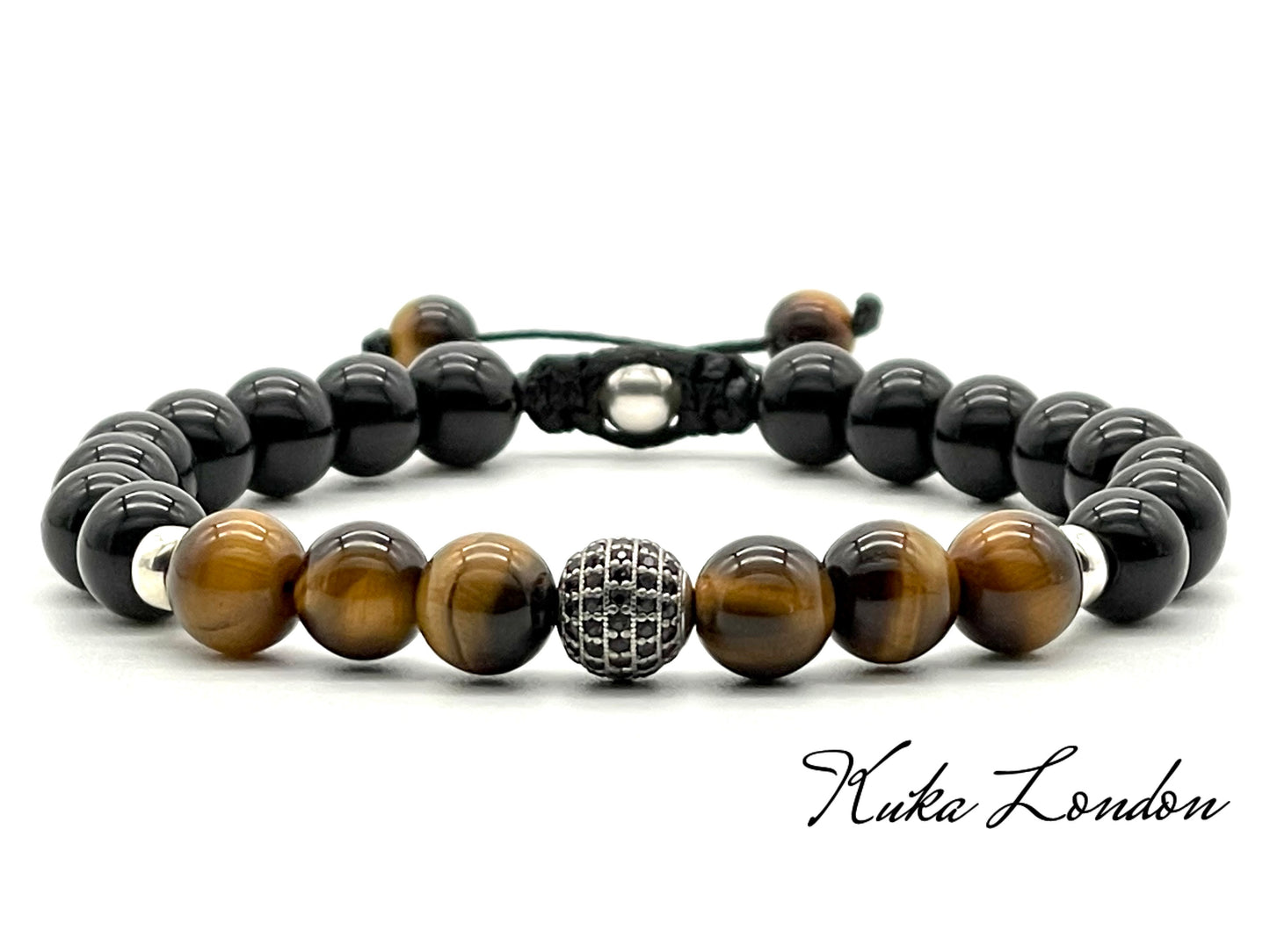 Tiger's Eye, Black Onyx & 925 Sterling Silver Zircon Gemstone Bracelet 8mm