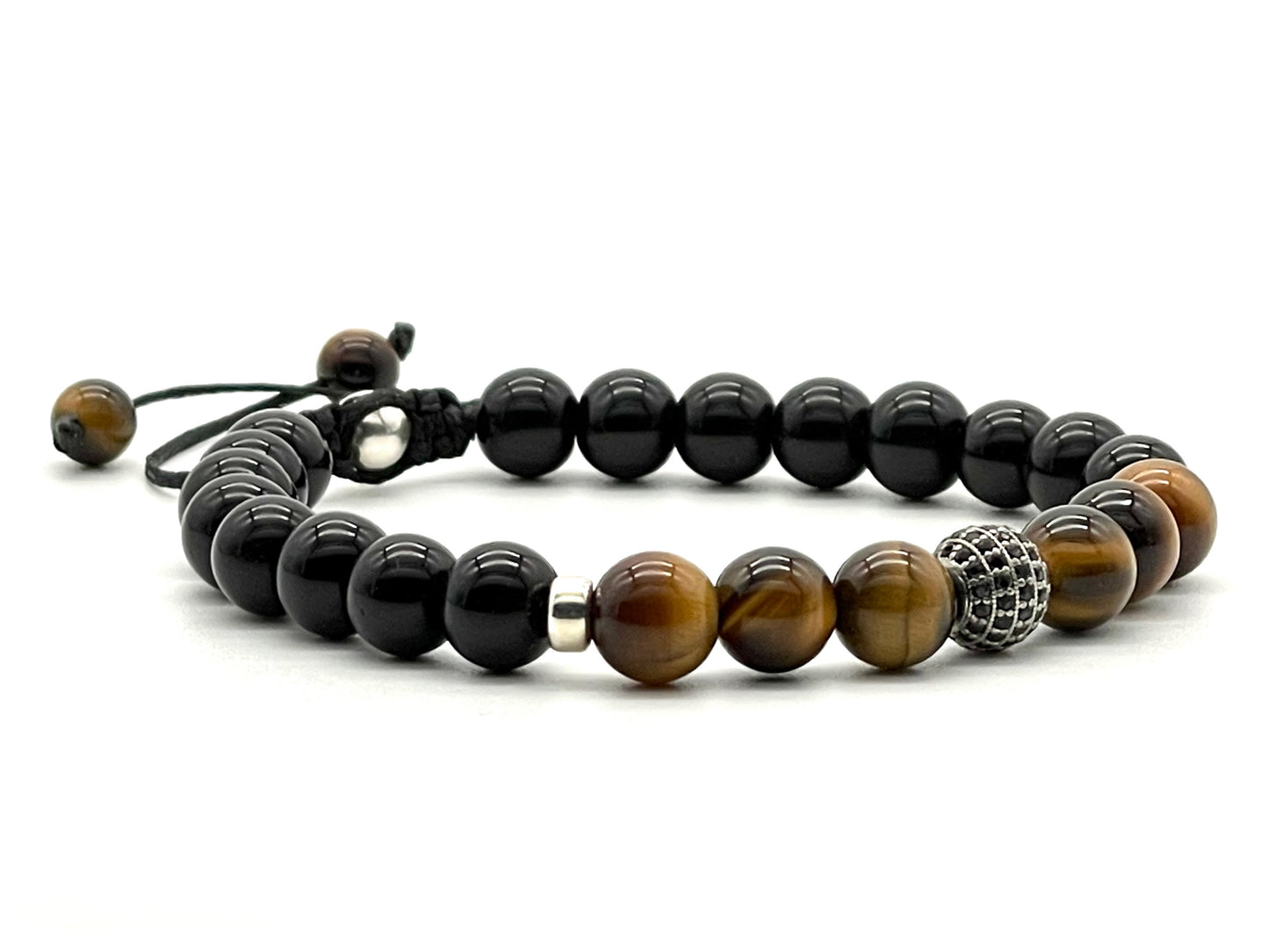 Tiger's Eye, Black Onyx & 925 Sterling Silver Zircon Gemstone Bracelet 8mm