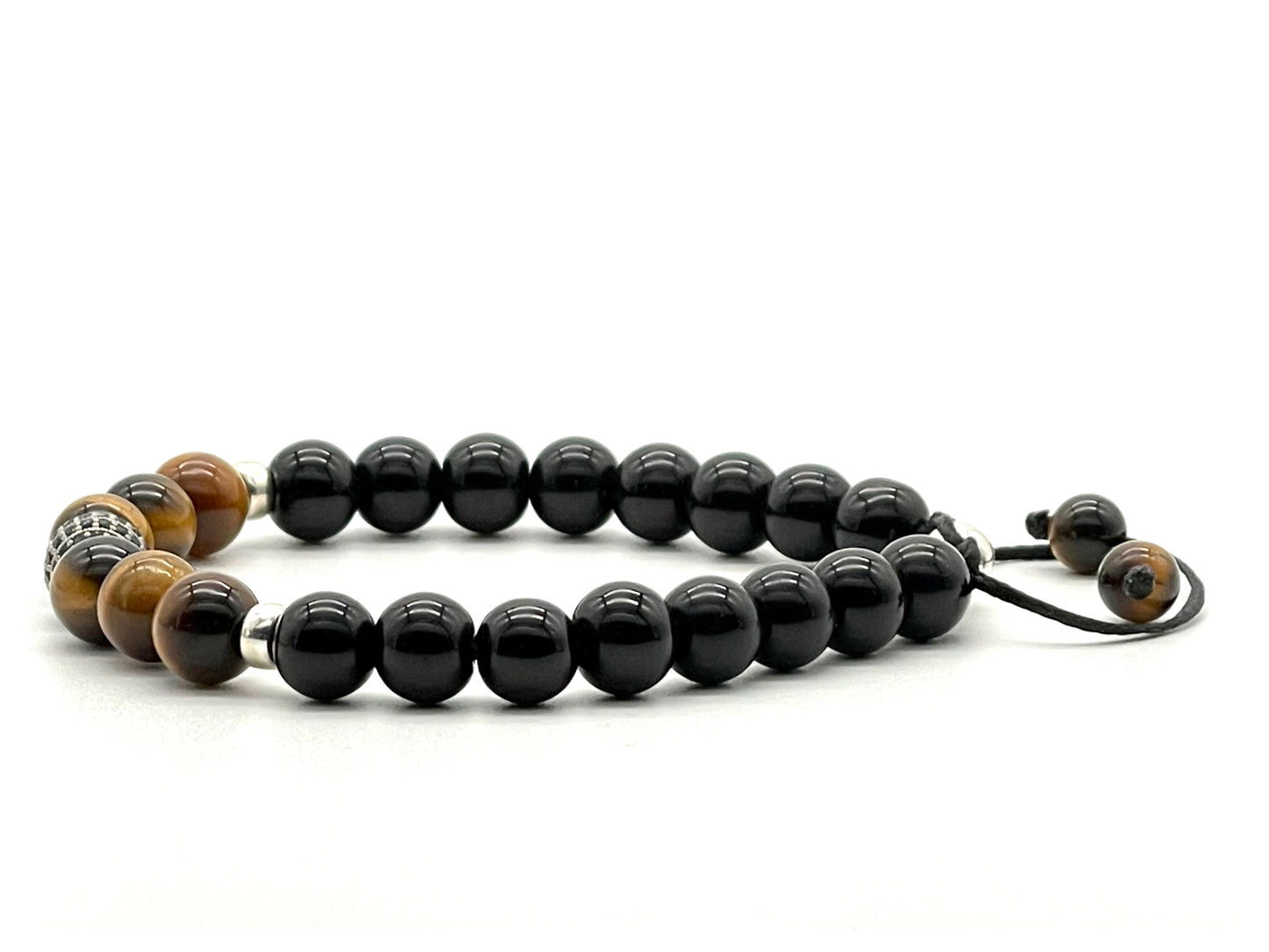 Tiger's Eye, Black Onyx & 925 Sterling Silver Zircon Gemstone Bracelet 8mm