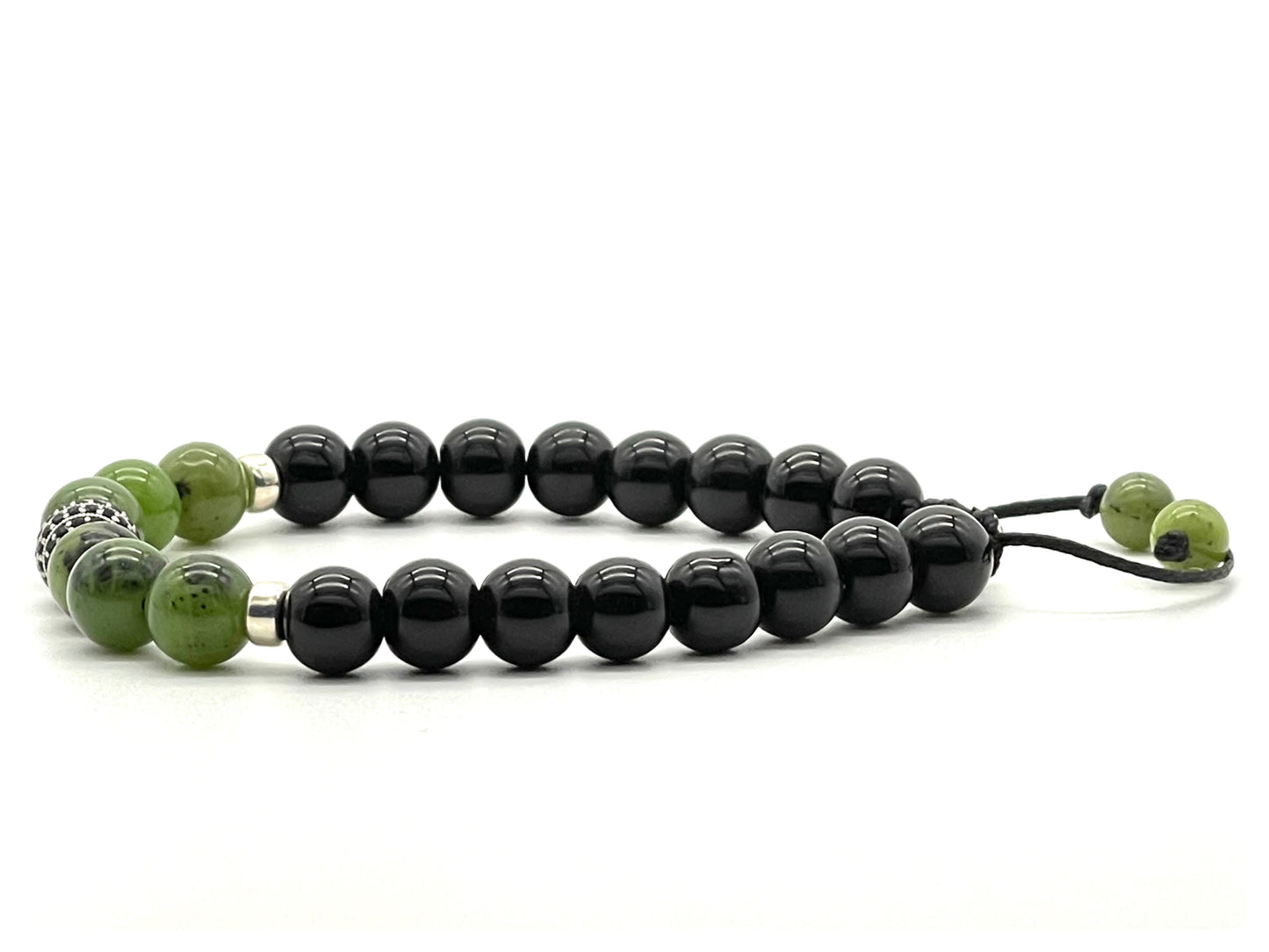 Jade, Black Onyx & 925 Sterling Silver Zircon Gemstone Bracelet 8mm