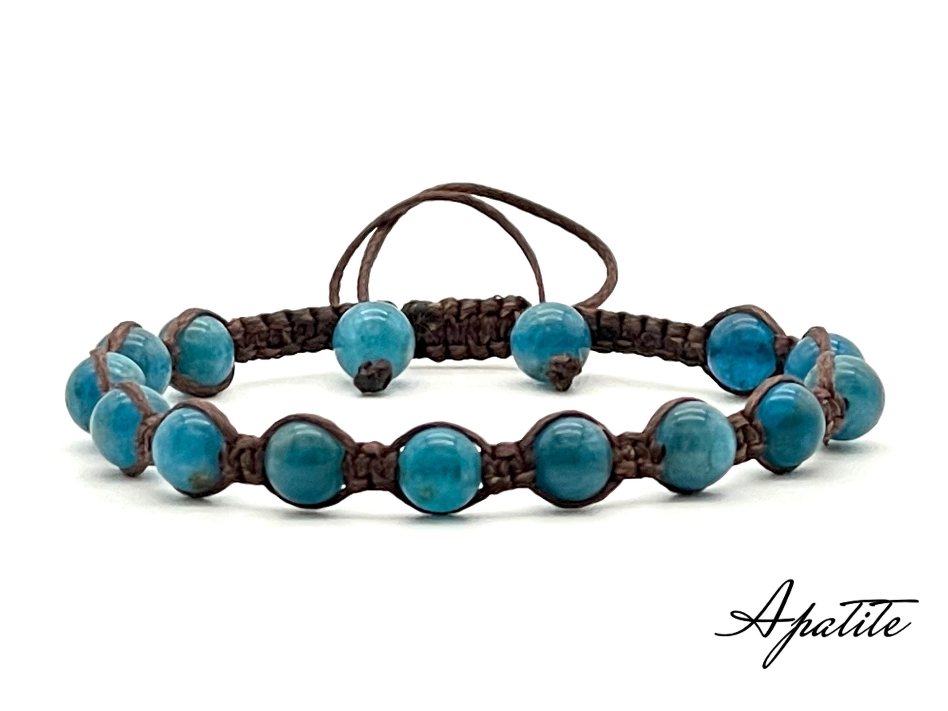 A macrame bracelet made with 6mm apatite beads, crafted from brown cotton waxed cord, adjustable from 17cm to 22cm, suitable for both men and women.