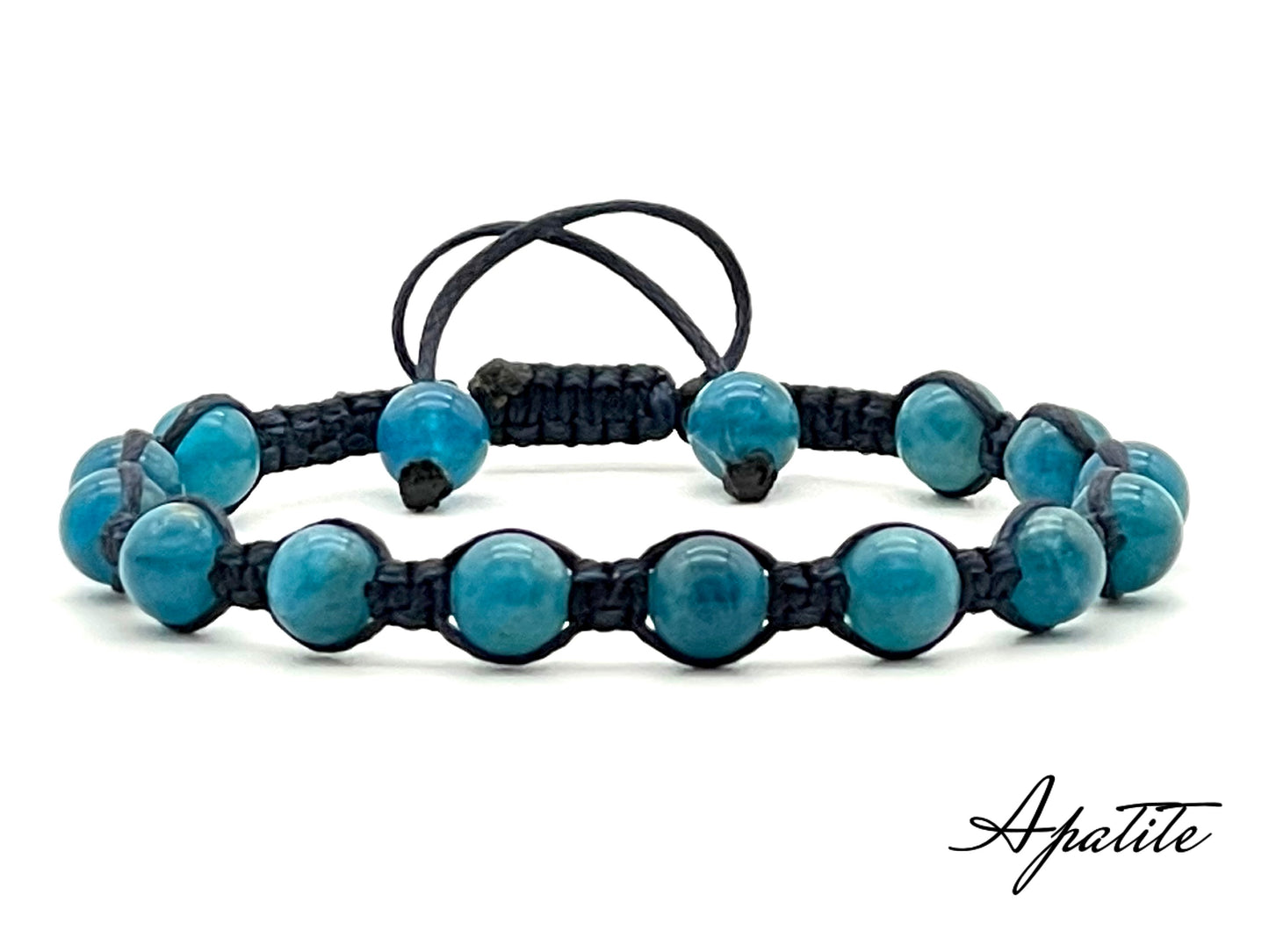 A macrame bracelet made with 6mm apatite beads, crafted from blue cotton waxed cord, adjustable from 17cm to 22cm, suitable for both men and women.